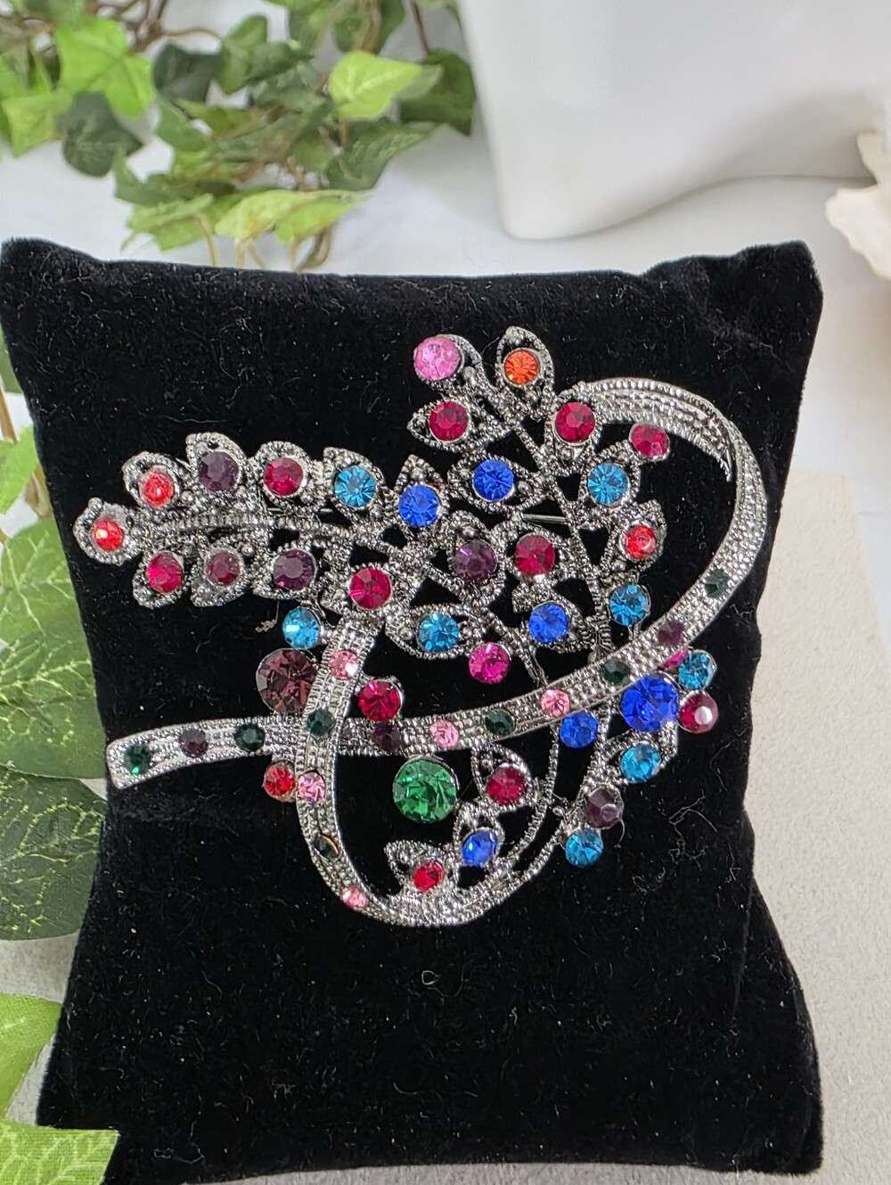 Vibrant Multi-Color Crystal Floral Spray Brooch - Statement Piece